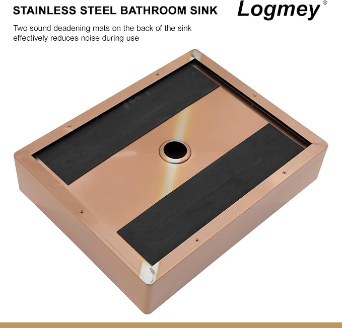 Logmey 19" Shallow Bathroom Vessel Sink 19x15 Rose Gold 16 Gauge Stainless Steel Handmade Above Counter Bathroom Sinks Rectangle Vessel Sink with Pop-up Drain Set