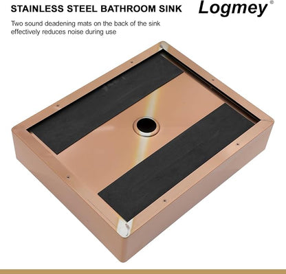 Logmey 19" Shallow Bathroom Vessel Sink 19x15 Rose Gold 16 Gauge Stainless Steel Handmade Above Counter Bathroom Sinks Rectangle Vessel Sink with Pop-up Drain Set