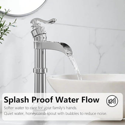 Polished Chrome Vessel Sink Faucet Brass Tall Waterfall Bathroom Faucet | Bathroom Sink Faucets Single Handle with Pop Up Drain Without Overflow and Supply Hoses Mixer Tap Deck Mount by BATHLAVISH