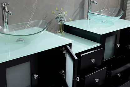 76" Freestanding Wooden Modern Bathroom Vanity with Double Vessel Sink Set Bathroom Mirror Included