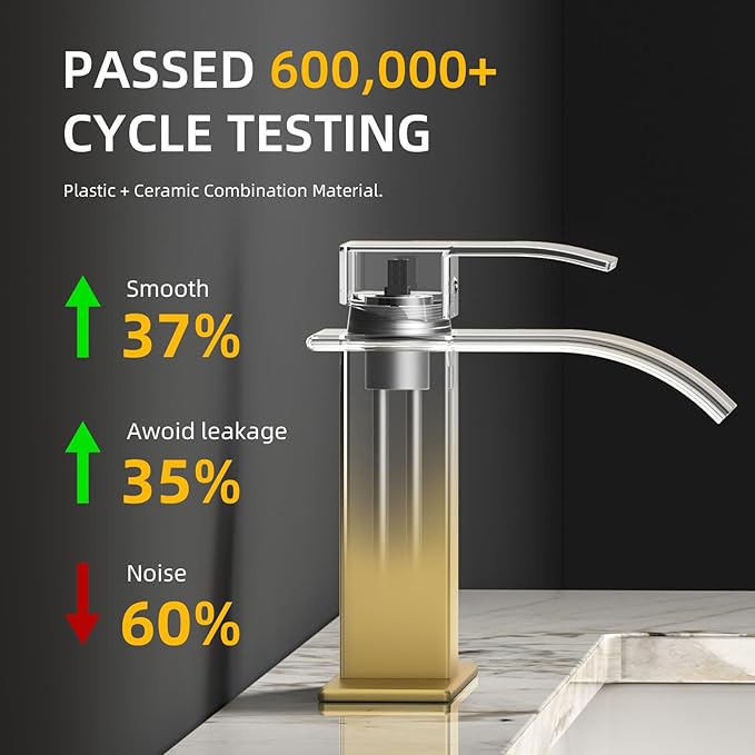 Silver and gold faucet with testing statistics on a dark background