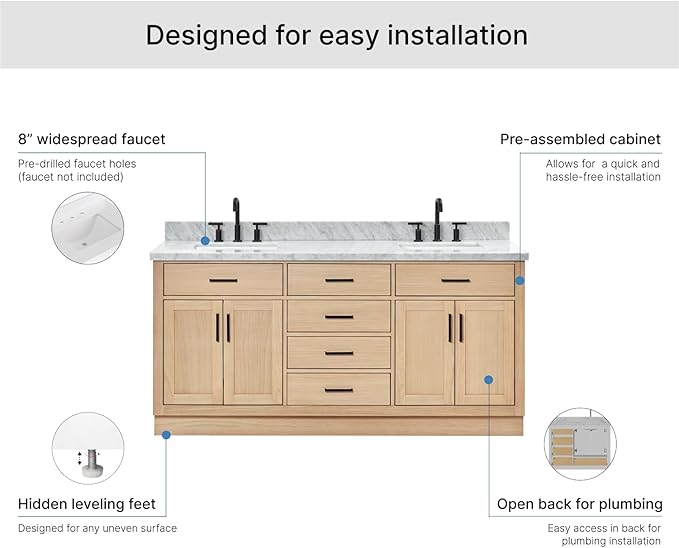 ARIEL Hepburn 72-inch Bathroom Vanity with Sink,Solid Wood, 1.5-inch Italian Carrara Marble Countertop, Double Rectangular Porcelain Sink, 4 Soft Closing Doors, 6 Dovetail Drawers, White Oak