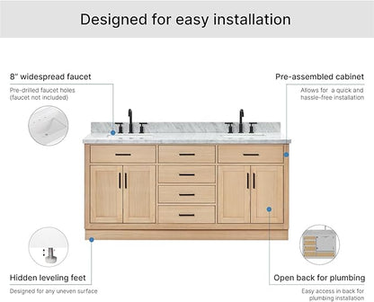 ARIEL Hepburn 72-inch Bathroom Vanity with Sink,Solid Wood, 1.5-inch Italian Carrara Marble Countertop, Double Rectangular Porcelain Sink, 4 Soft Closing Doors, 6 Dovetail Drawers, White Oak