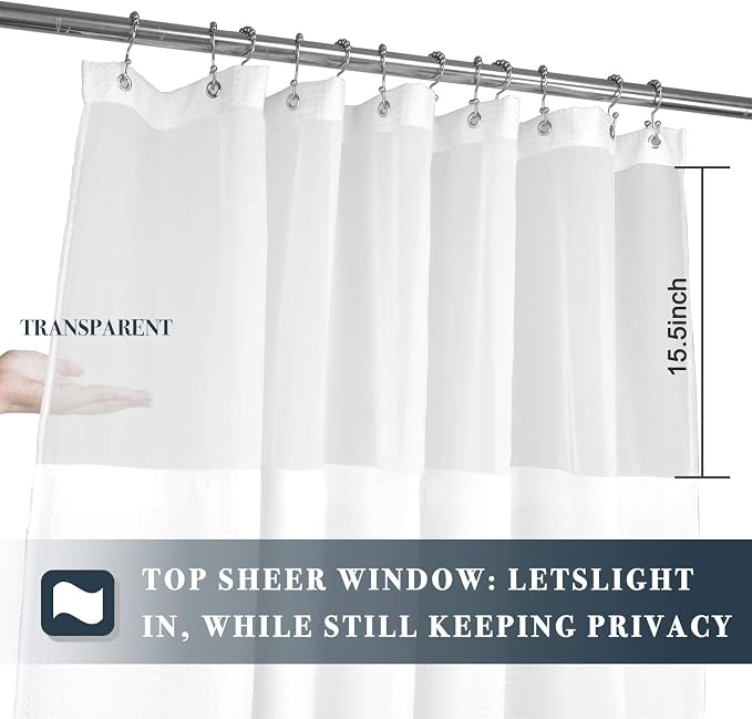 N&Y HOME Extra Long Waffle Shower Curtain with Snap-in Liner White, 71x84 | 12 Hooks & Snap on Fabric Liner, Washable, Mesh Window, Hotel Style, 84 inches Length Shower Curtain Set for Bathroom