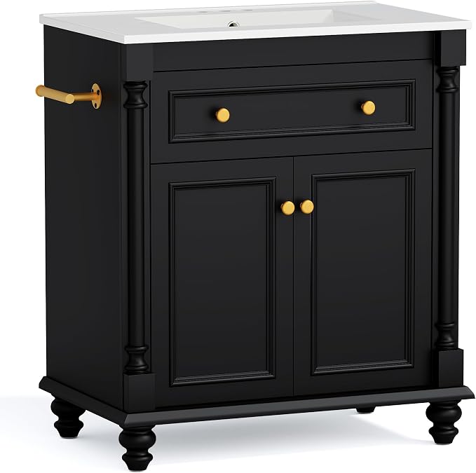 YESHOMY 30" Bathroom Vanity with Sink, Bathroom Storage Cabinet | Bathroom Vanity, Solid Wood, Integrated Ceramic Basin, 1 Flip-Down Drawer, 2 Doors & Adjustable Shelf, Black