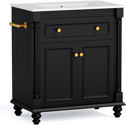 YESHOMY 30" Bathroom Vanity with Sink, Bathroom Storage Cabinet | Bathroom Vanity, Solid Wood, Integrated Ceramic Basin, 1 Flip-Down Drawer, 2 Doors & Adjustable Shelf, Black