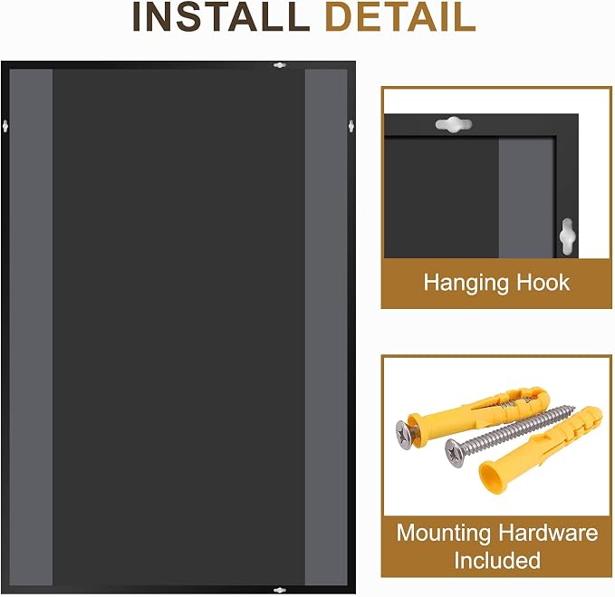 Rectangular Bathroom Mirror, 36"x24" Black Metal Framed Vanity Mirror | HD Shatterproof Wall Mirror, Horizontal or Vertical Hanging, Easy Installation for Bathroom, Bedroom, Living Room, Entryway