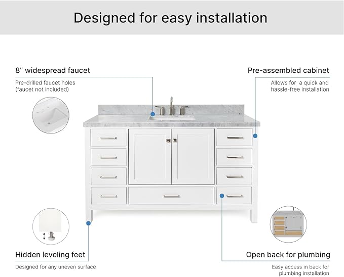 ARIEL Cambridge 60-inch Bathroom Vanity with Sink,Solid Wood, 1.5-inch Italian Carrara Marble Countertop, Single Rectangular Porcelain Sink, 2 Soft Closing Doors, 9 Dovetail Drawers, White