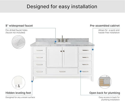 ARIEL Cambridge 60-inch Bathroom Vanity with Sink,Solid Wood, 1.5-inch Italian Carrara Marble Countertop, Single Rectangular Porcelain Sink, 2 Soft Closing Doors, 9 Dovetail Drawers, White