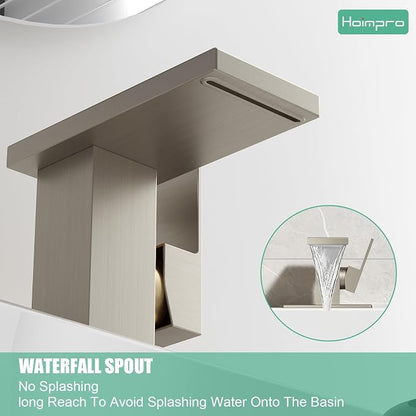 Hoimpro Bathroom Faucet 1 Hole, Single Handle Sink Faucets Brushed Nickel | Widespread Vanity Faucet with 6 Inch Deck Plate Pop-up Drain & cUPC Supply Line Stainless Steel, for Vanity RV Restroom
