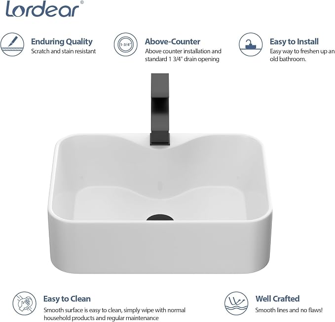 Lordear Bathroom Vessel Sink 19"x15" Rectangle Sink Above Counter White Porcelain Ceramic Modern Vanity Sinks Art Basin with Faucet Hole Black Faucet and Black Pop-Up Drain for Bathroom