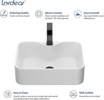 Lordear Bathroom Vessel Sink 19"x15" Rectangle Sink Above Counter White Porcelain Ceramic Modern Vanity Sinks Art Basin with Faucet Hole Black Faucet and Black Pop-Up Drain for Bathroom