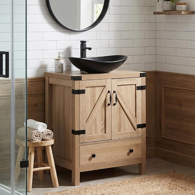 24 inch Natural Color Bathroom Vanity, Rustic Fixture Standing Pedestal Cabinet with Black Ceramic Boat Sink