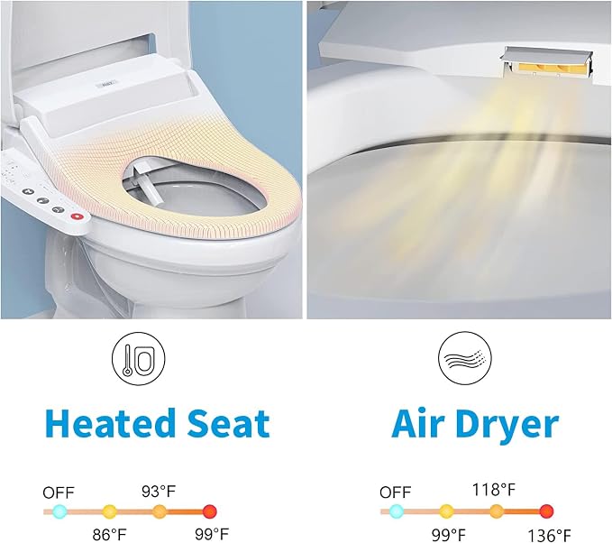 R&T V2601 Electric Bidet Seat, Elongated Smart Toilet Seat with Warm Water, Adjustable Heated Seat, Air Dryer, Night Light, Bidet Attachment for Toilet