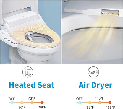 R&T V2601 Electric Bidet Seat, Elongated Smart Toilet Seat with Warm Water, Adjustable Heated Seat, Air Dryer, Night Light, Bidet Attachment for Toilet