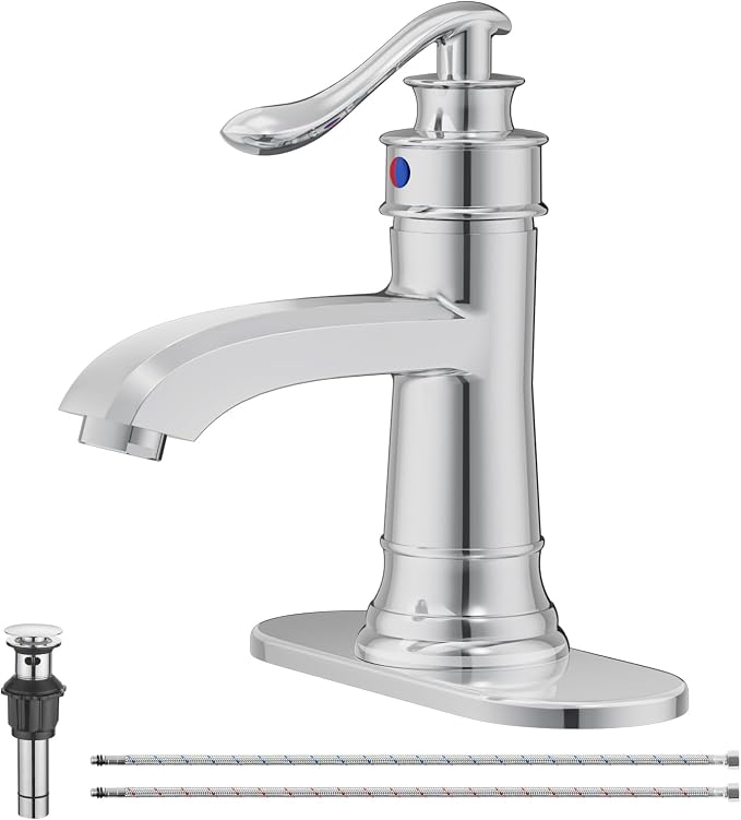 Chrome Bathroom Faucet Brass Single Handle Bathroom Sink Faucets | Single Hole Farmhouse Faucet Vanity Lavatory RV with Overflow Pop Up Drain Mixer Tap Commcercial Rustic by BATHLAVISH