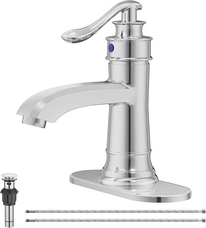 Chrome Bathroom Faucet Brass Single Handle Bathroom Sink Faucets | Single Hole Farmhouse Faucet Vanity Lavatory RV with Overflow Pop Up Drain Mixer Tap Commcercial Rustic by BATHLAVISH