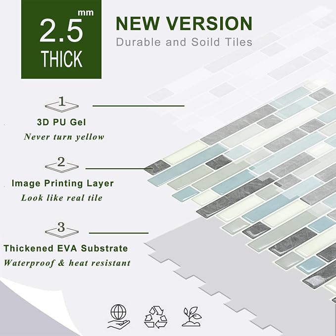 STICKGOO Thicker Design Peel and Stick Tile Backsplash, 12”×12”Stick on Backsplash for Kitchen, Self Adhesive Tile for Kitchen Backsplash and Bathroom(10 Sheets, Grey&Blue)