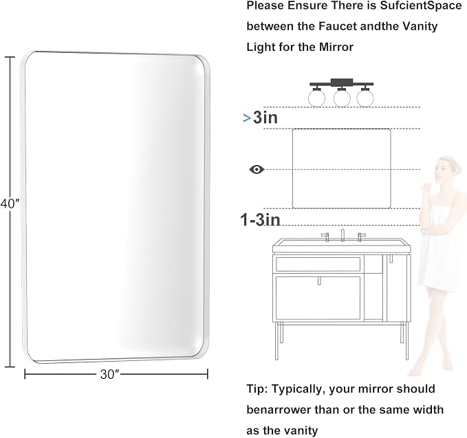 Brushed Nickel Bathroom Mirror for Over Sink, 30" x 40" Framed Rectargular Wall-Mounted Bathroom Mirrors for Vanity, Decorative, Farmhouse, Restroom, Horizontally or Vertically Hanging