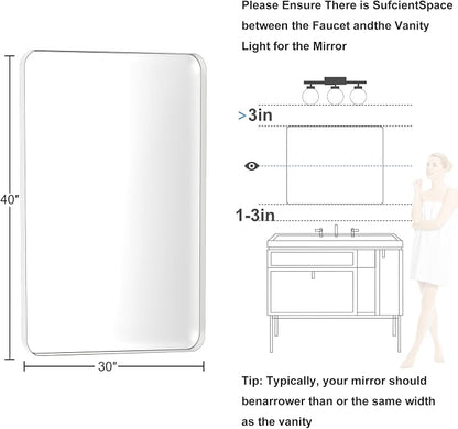 Brushed Nickel Bathroom Mirror for Over Sink, 30" x 40" Framed Rectargular Wall-Mounted Bathroom Mirrors for Vanity, Decorative, Farmhouse, Restroom, Horizontally or Vertically Hanging