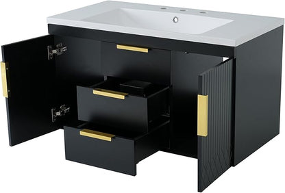 36'' Wall Mounted Bathroom Vanity with Resin Sink, Floating Storage Cabinet with 2 Drawers, Solid Wood Cabinet for Bathroom, Black