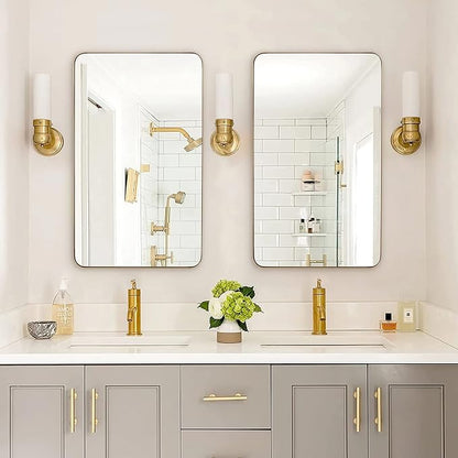 24x40 Inch Gold Bathroom Mirror, Stainless Steel Metal Frame with Rounded Corner, Rectangle Glass Panel Wall Mounted Mirror Decorative for Bathroom