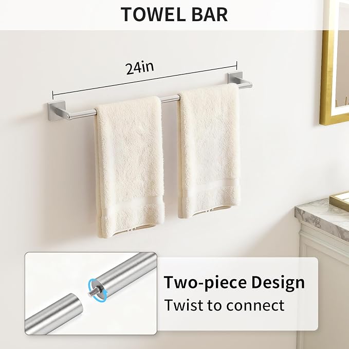 KLJKPA Brushed Nickel Bathroom Hardware Set, 24 inch Bathroom Towel Holder | Stainless Steel Towel Racks for Bathroom Accessories Set, Wall Mounted, 4-Piece