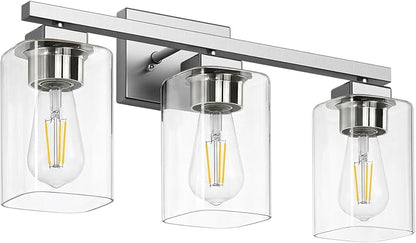 BesLowe 19” Bathroom Light Fixtures, 3-Light Vanity Light Brushed Nickel | Square Clear Glass & Durable Metal, Quick & Easy Installation, Standard E26 Socket, Bright Bathroom Lighting