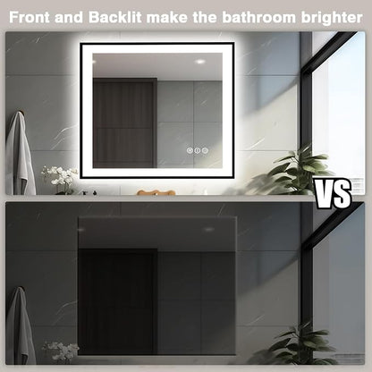 EchosLife 40x38 Lighted Mirrors for Bathroom Wall - Black Aluminum Framed | Black Frame, Front and Backlit, Anti-Fog, Stepless Dimmable, 3 Colors, Memory, Tempered Glass, UL Listed, Horizontal/Vertical