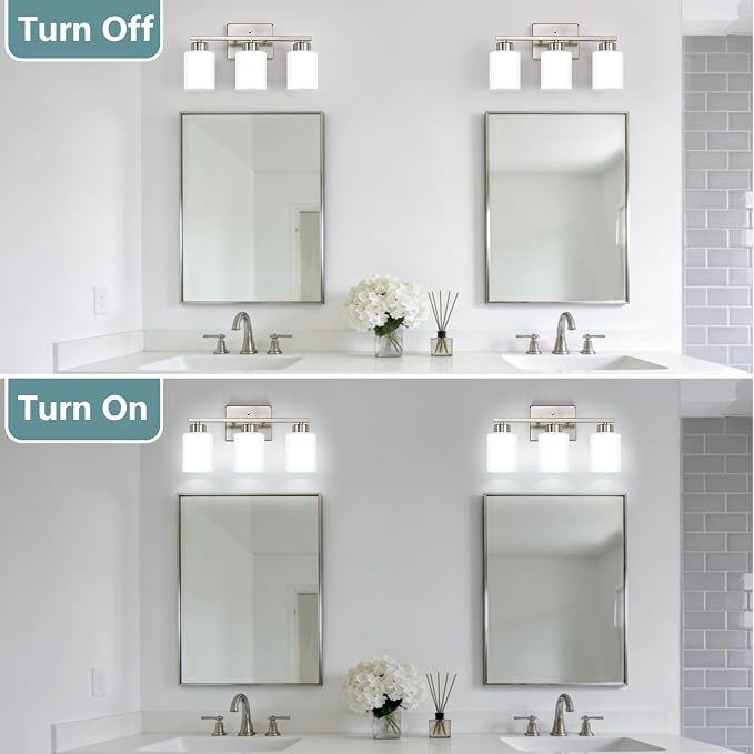 Brushed Nickel Bathroom Light Fixtures, 3-Light Modern Vanity Lights with Milky White Frosted Glass Shades, Wall Sconces for Mirror, Bathroom, Restroom (E26 Socket)