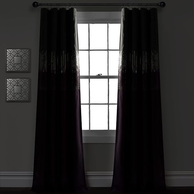Lush Decor Night Sky 100% Blackout Lined Window Curtain Panel, Single, 42" W x 84" L, Purple & Gray - Sparkle Sequins & Color Block - Modern Glam Decor - Blackout Curtains For Bedroom & Living Room