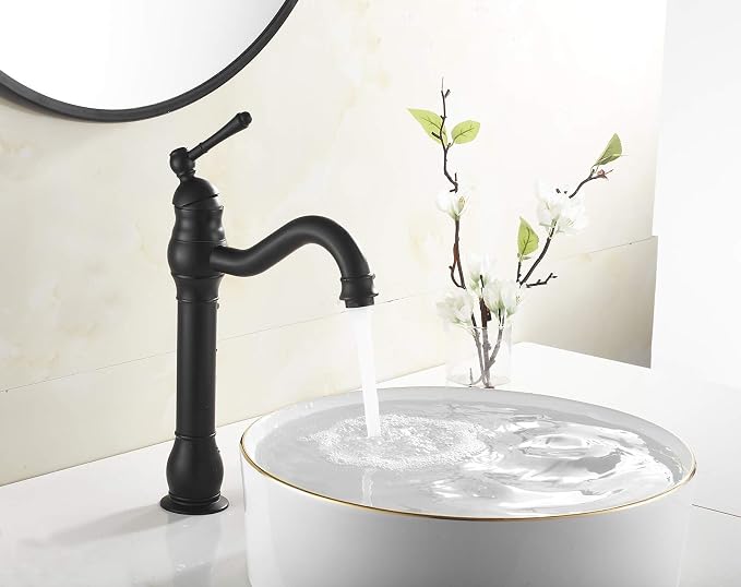 Black Single-Handle One Hole Bathroom Vessel Sink Faucet with Pop Up Drain | Bowl of Sink Deck Mount Lavatoy Basin Tap Tall Body 360° Swivel
