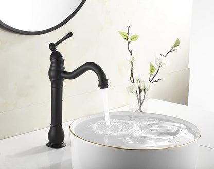 Black Single-Handle One Hole Bathroom Vessel Sink Faucet with Pop Up Drain | Bowl of Sink Deck Mount Lavatoy Basin Tap Tall Body 360° Swivel