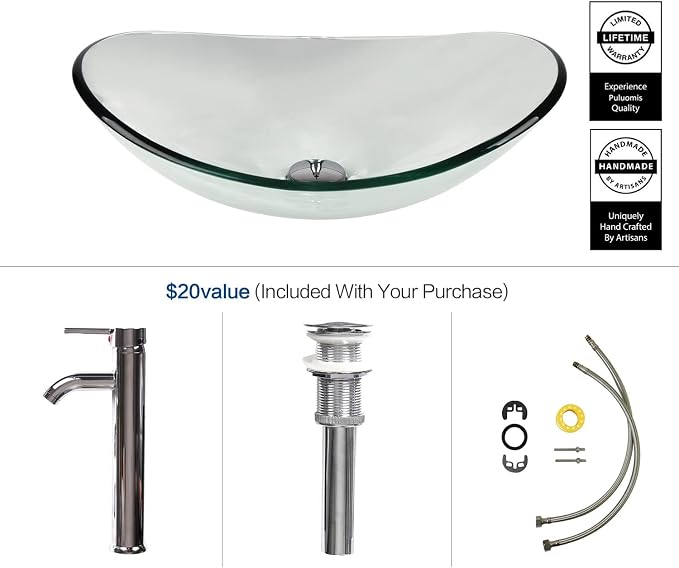 YOURLITE 24 Inches Traditional Bathroom Vanity Set with Single Faucet Hole, Clear Boat Glass Sink, White Finish, 2-Door Cabinet