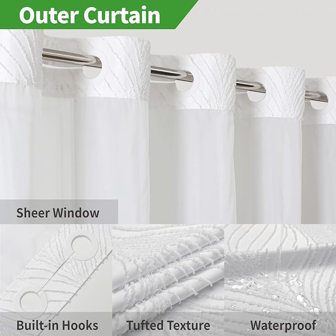 eachope stall no Hook Tufted Shower Curtain with snap in Liner Set, White Waterproof Fabric Inner Liner,Boho Style Shower Curtain with See Through top Window, White, 54Wx80H