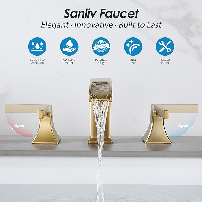 Brushed Gold Bathroom Sink Faucet, 8-Inch Widespread Bathroom Faucets for 3-Hole Sinks, 2-Handle Brass Waterfall Vanity Faucet with Drain Assembly, Champagne Bronze