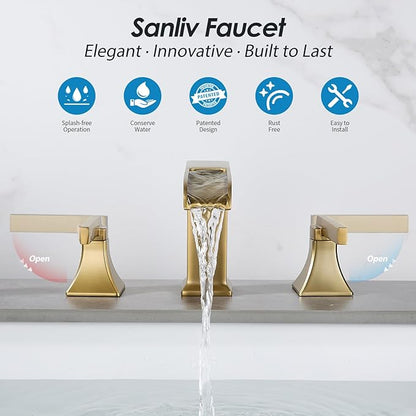 Brushed Gold Bathroom Sink Faucet, 8-Inch Widespread Bathroom Faucets for 3-Hole Sinks, 2-Handle Brass Waterfall Vanity Faucet with Drain Assembly, Champagne Bronze