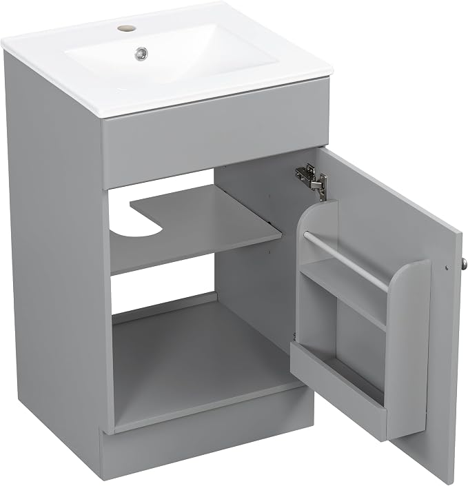 Christopher Knight Home Vanes Wood Frame 20" Bathroom Vanity with Ceramic Sink, Cabinet with Soft-Closing Door Shelf and Adjustable Shelf, Open Back, Metal Hardware, Storage/Organizer, Gray