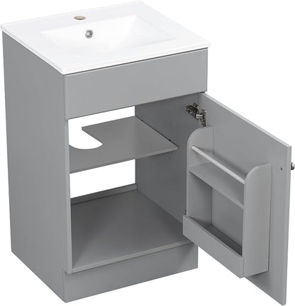 Christopher Knight Home Vanes Wood Frame 20" Bathroom Vanity with Ceramic Sink, Cabinet with Soft-Closing Door Shelf and Adjustable Shelf, Open Back, Metal Hardware, Storage/Organizer, Gray