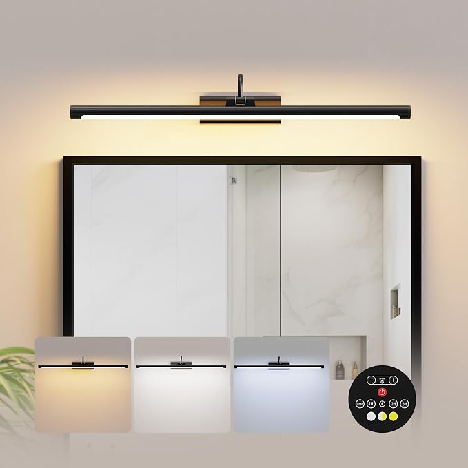 Bathroom Vanity Light Wireless Rechargeable Black 24 inch Black | 10000mAh Rechargeable Battery, 500LM Dimmable, 3 Color Temps, No Wiring , 250° Rotatable with Remote for Bathroom Mirror