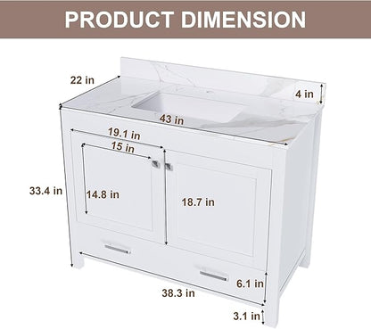 Montary 42" Bathroom Vanity with 43" Sintered Stone Carrara Gold Top, Modern Stylish MDF Bathroom Storage Cabinet, Vanity Set with 2 Doors and One Large Divided Drawer, White (Single Hole)