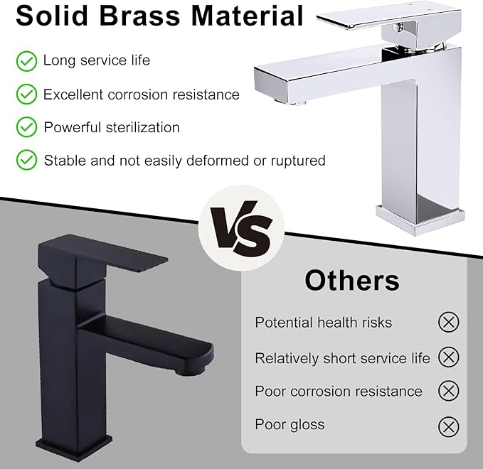 Solid Brass Chrome Bathroom Faucet, Bathroom Sink Faucet for 1 Hole,CEC & cUPC Certified Lead-Free Single Handle Vanity Faucet with Two Flexible Hoses(Hot and Cold) & Pop Up Drain Stopper