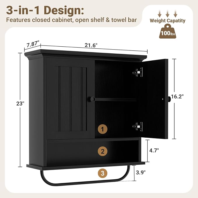 Besiost Farmhouse Bathroom Wall Medicine Cabinet with Removable Towel Bar | Over Toilet Storage Organizer, 7.9" Slim Profile, 100 Lbs Capacity, Adjustable Shelf, Soft Close Hinges Door, Black