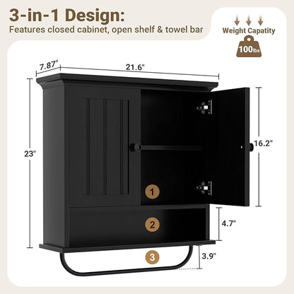Besiost Farmhouse Bathroom Wall Medicine Cabinet with Removable Towel Bar | Over Toilet Storage Organizer, 7.9" Slim Profile, 100 Lbs Capacity, Adjustable Shelf, Soft Close Hinges Door, Black