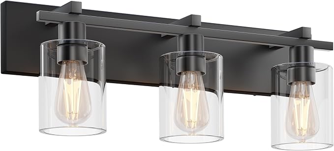 Bathroom Vanity Light,3 Light Matte Black Vanity Light with Thickened Clear Glass Shade, 21 inch Dimmable Modern Wall Sconce, Bathrooms Light Fixture Over Mirror for Bathroom