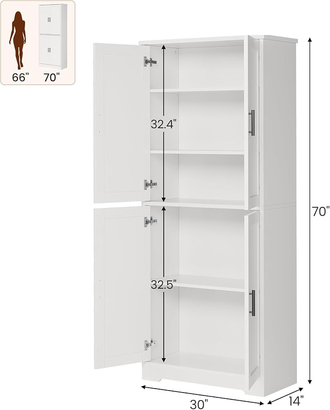 Garvee Kitchen Pantry Cabinet, 70 Inch Tall Storage Cabinet | with Doors and Adjustable Shelves, Freestanding Wooden Classic Cupboard for Living Room, Dining Room, Bathroom