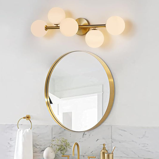5 Light Bathroom Vanity Light,Gold Bath Room Light Fixtures Over Mirror,Modern Vanity Lights for Bath Room,Makeup Lights for Vanities,Brass Gold Bathroom Sconces with Milk Globe Glass,G9 Base