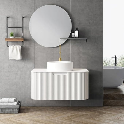 LKTART 30 Inch Floating Bathroom Vanity with Sink, Modern Wall Mounted Bathroom Storage Cabinet with Drawer, Round White Ceramic Sink Top and Marble Texture Top, White