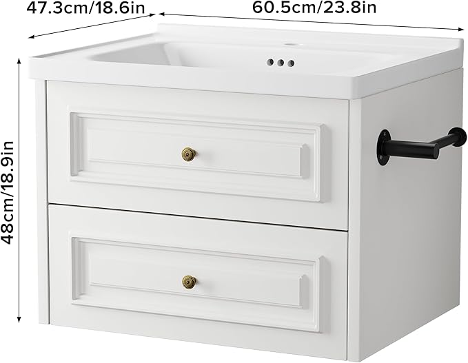 24" Bathroom Vanity with Sink, Floating Bathroom Vanity with with Marble Ceramic Basin Top and 2 Storage Drawers, Modern Storage Cabinet for Small Space, White