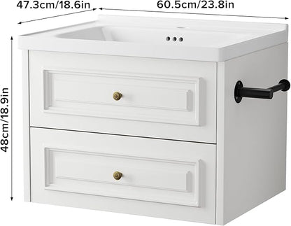 24" Bathroom Vanity with Sink, Floating Bathroom Vanity with with Marble Ceramic Basin Top and 2 Storage Drawers, Modern Storage Cabinet for Small Space, White